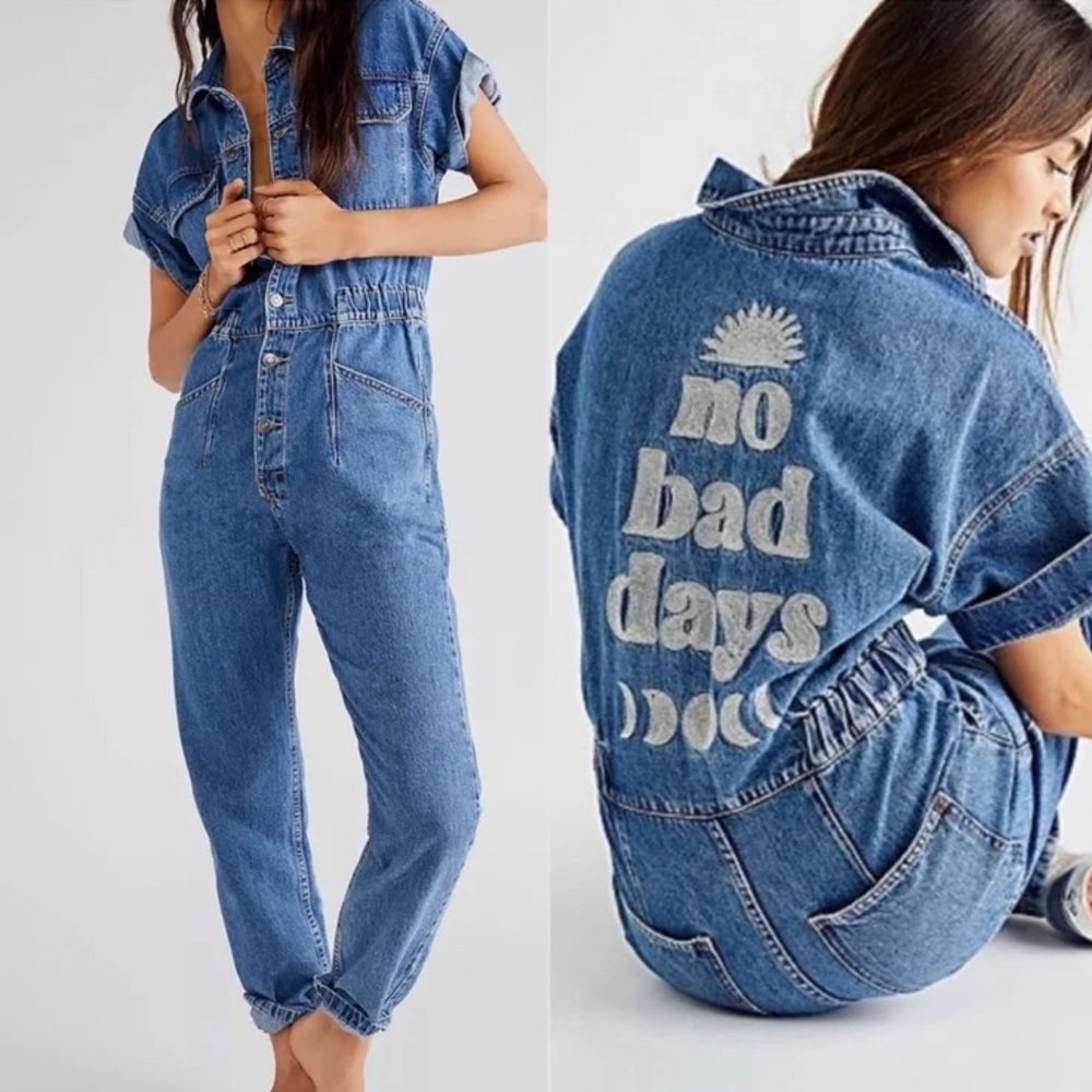 NWT Free People Marci Embroidered Coverall “No Bad Days”